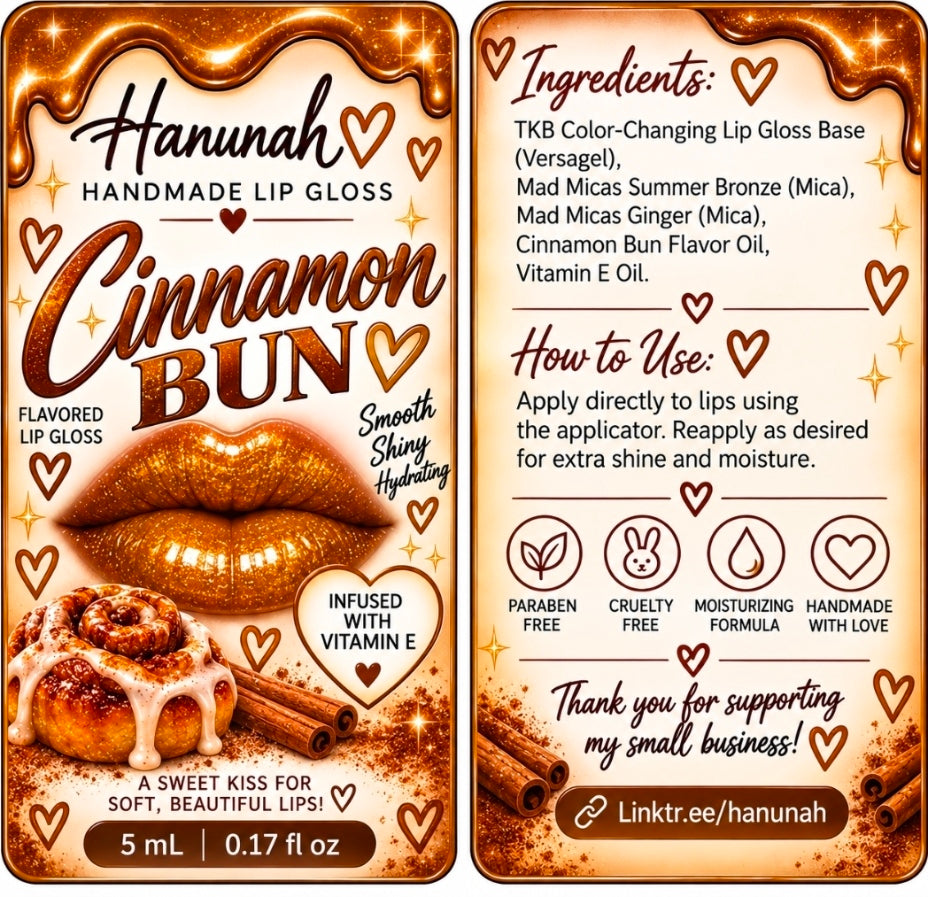 Cinnamon Bun Color-Changing Lip Gloss | Cinnamon Flavor | Golden Shimmer Lip Gloss | Handmade Lip Gloss | Vitamin E | 5 mL