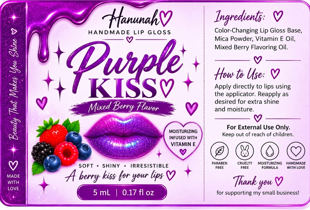 Purple Kiss Color Changing Lip Gloss, Sparkle Mixed Berry Lip Gloss, Handmade Gloss, Shiny Moisturizing Lip Gloss, 6 mL