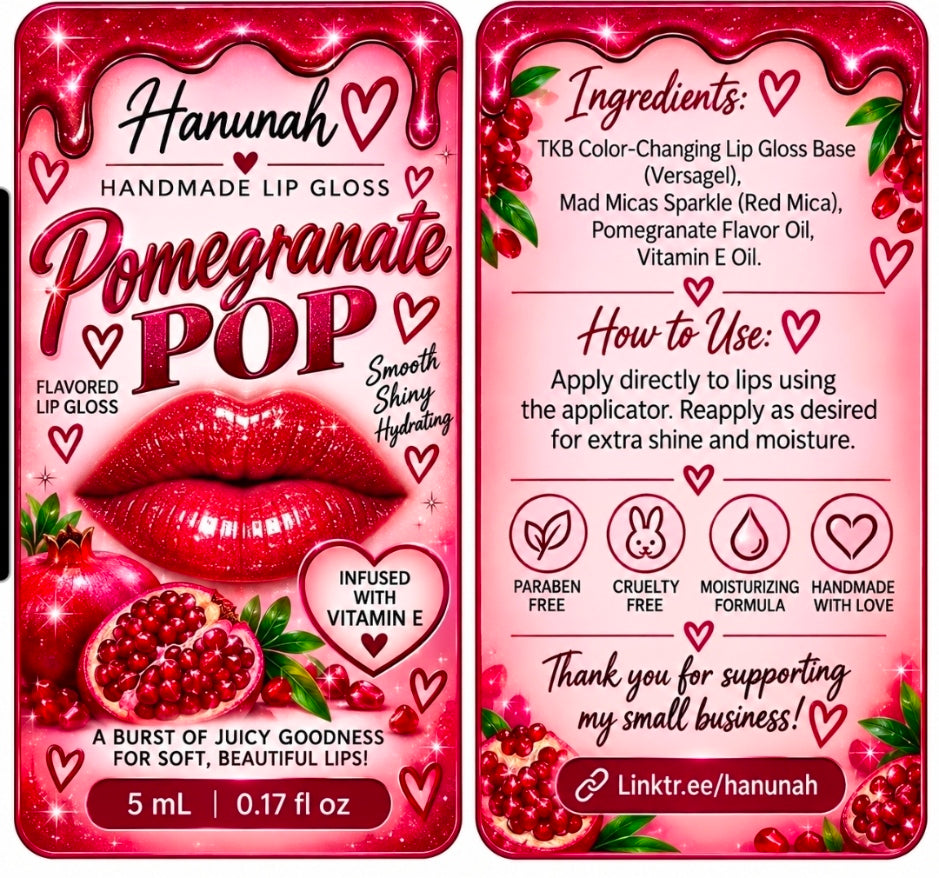 Pomegranate Pop Lip Gloss, Sparkling Pomegranate Lip Gloss, Handmade Shimmer Lip Gloss, Glossy Moisturizing Lip Gloss,5 mL