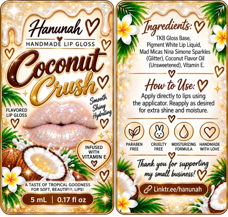 Coconut Crush Lip Gloss, Coconut Flavored Shimmer Lip Gloss, Sparkling Handmade Lip Gloss, Glossy Moisturizing Lip Gloss, 5 mL