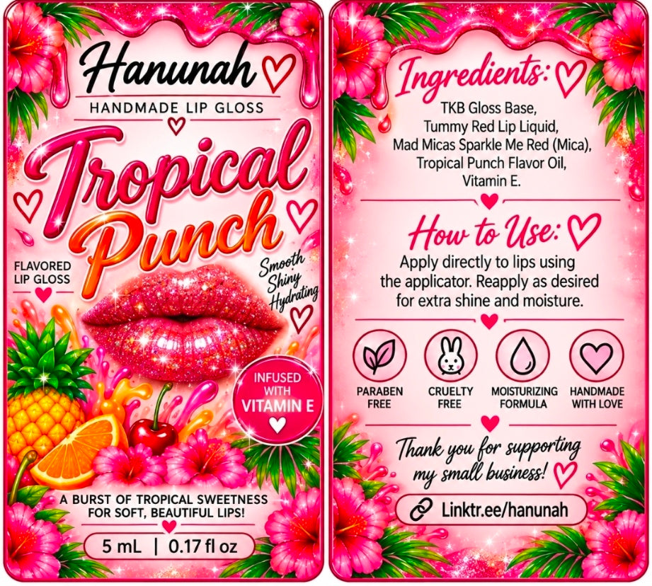 Tropical Punch Lip Gloss – Handmade Fruity Shimmer Gloss, Vitamin E, Sparkle Lip Gloss, 5 mL